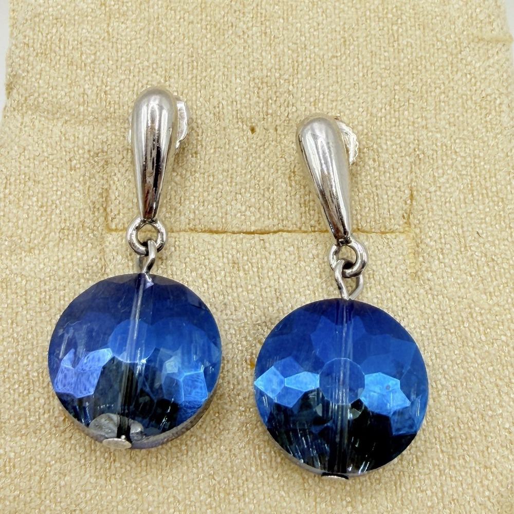 Blue Crystal & Silver Drop Dangle Earrings 1.25"L Round Shaped Coastal Pierced